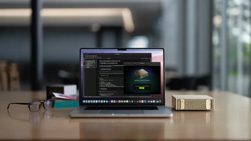 NVIDIA DGX Spark – najmniejszy superkomputer AI na świecie w wersji biurkowej. Na ekranie laptopa widoczny panel konfiguracji systemu, obok jednostka obliczeniowa DGX Spark. Fot. NVIDIA / GlobeNewswire