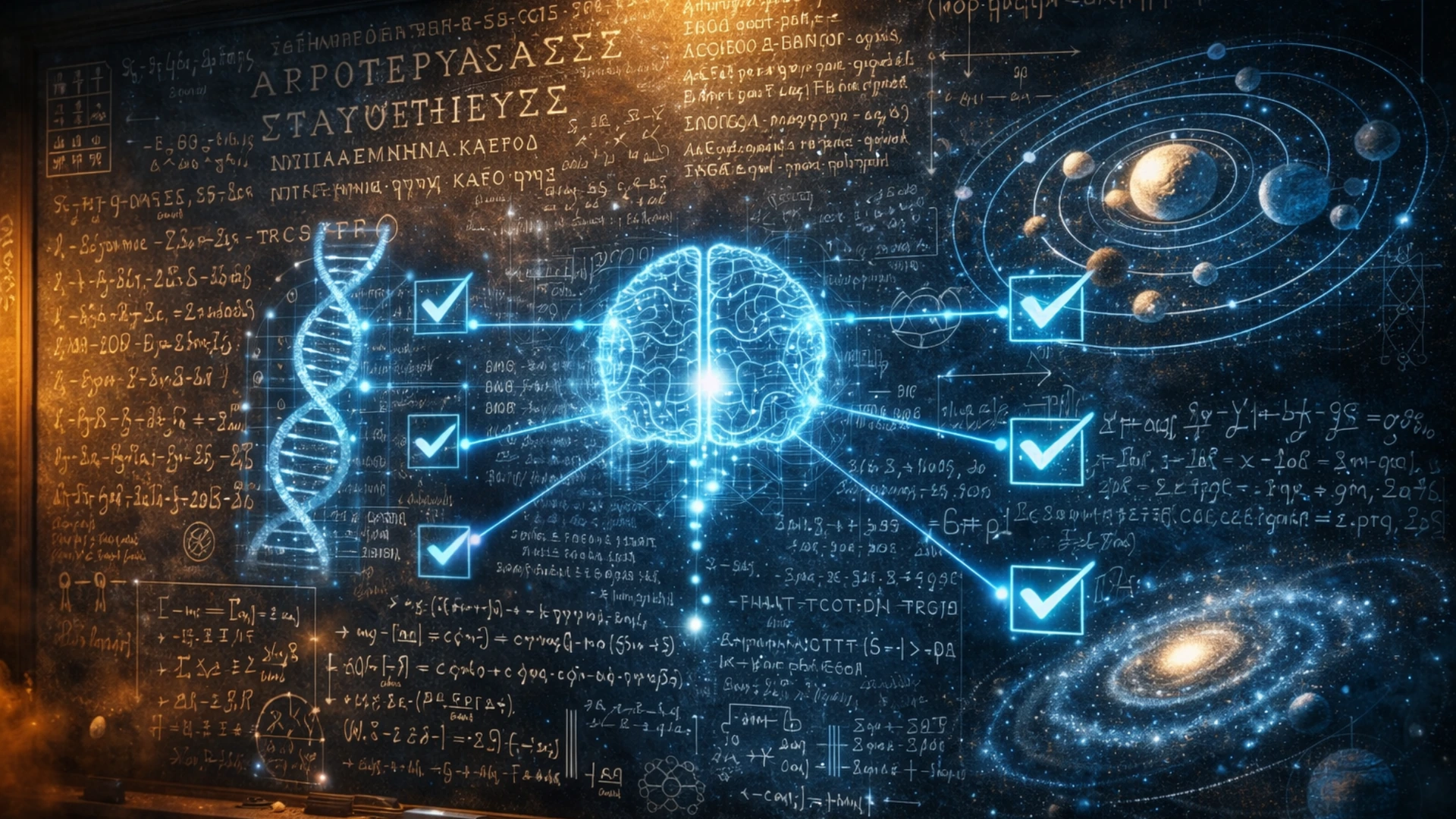 Ilustracja przedstawia tablicę wypełnioną skomplikowanymi wzorami matematycznymi, diagramem DNA i mapą planet, nad którymi unosi się holograficzny interfejs sztucznej inteligencji analizujący zadania. Grafika symbolizuje wykorzystanie AI do rozwiązywania najtrudniejszych problemów nauki – od biologii i matematyki po astronomię.