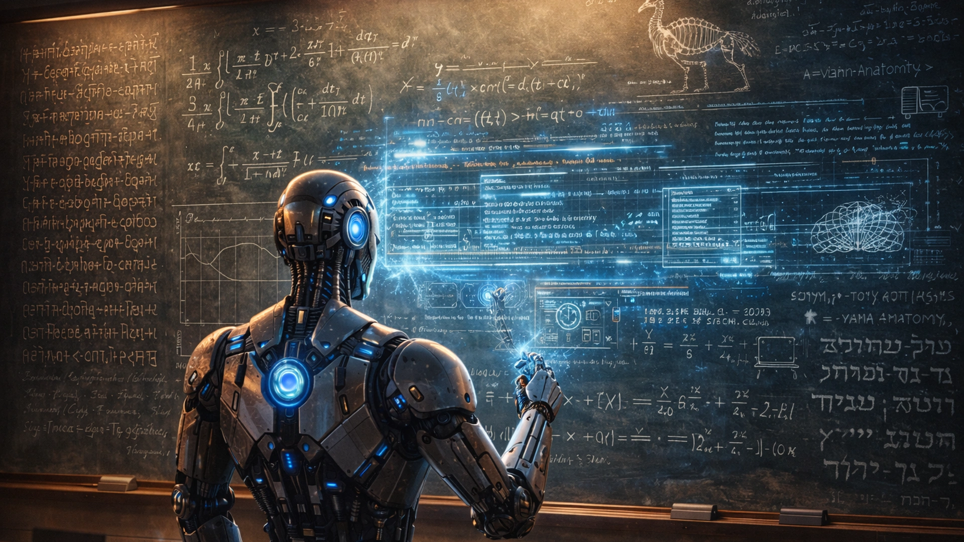 Humanoidalny robot stoi przed wielką tablicą pełną skomplikowanych równań, diagramów biologicznych i starożytnych znaków. Holograficzny interfejs AI analizuje pytania w koncepcji „Ostatniego egzaminu ludzkości”.