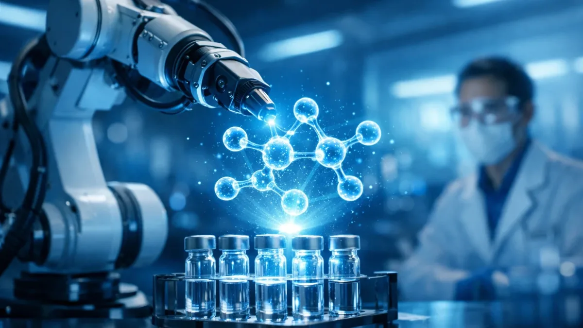 Robotyczne ramię w nowoczesnym laboratorium tworzy hologram cząsteczki nad fiolkami z substancjami chemicznymi, a naukowiec obserwuje proces odkrywania nowych leków przy użyciu sztucznej inteligencji.