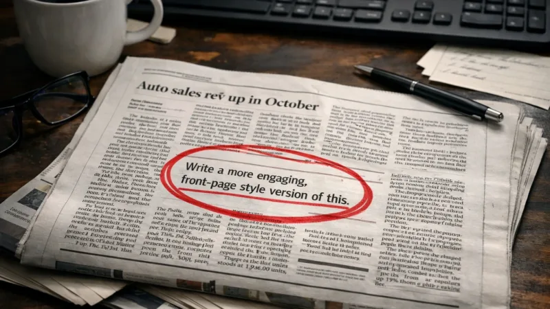 Wydrukowana gazeta leży na redakcyjnym biurku, a w tekście artykułu czerwonym markerem zakreślono pozostawiony prompt po AI, obok widać kubek kawy, okulary i klawiaturę.