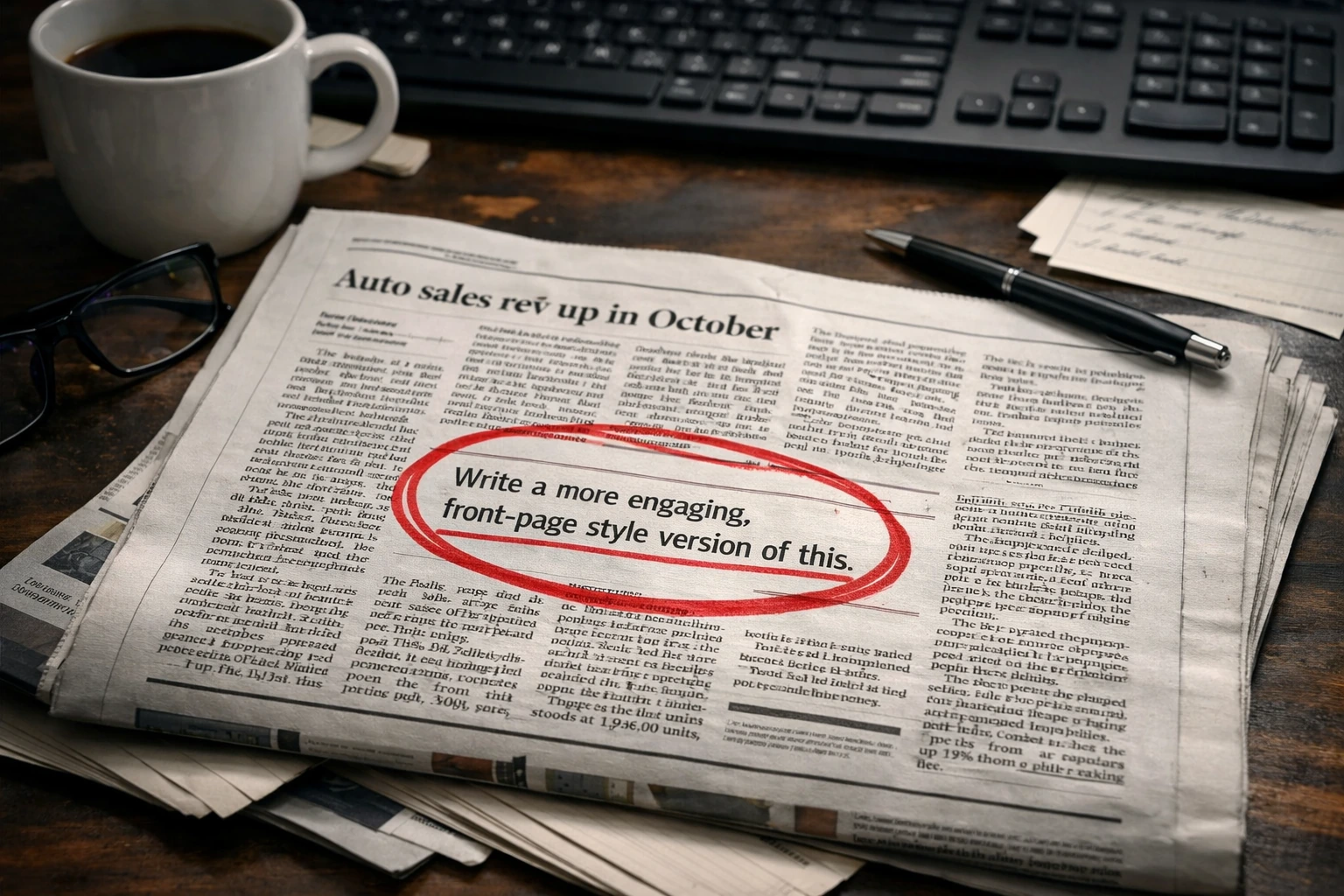 Wydrukowana gazeta leży na redakcyjnym biurku, a w tekście artykułu czerwonym markerem zakreślono pozostawiony prompt po AI, obok widać kubek kawy, okulary i klawiaturę.