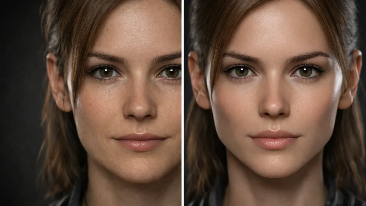 Porównanie dwóch stylów renderowania postaci w grze – po lewej naturalna, realistyczna twarz, po prawej nadmiernie wygładzona i sztucznie wyostrzona wersja o nienaturalnych rysach.