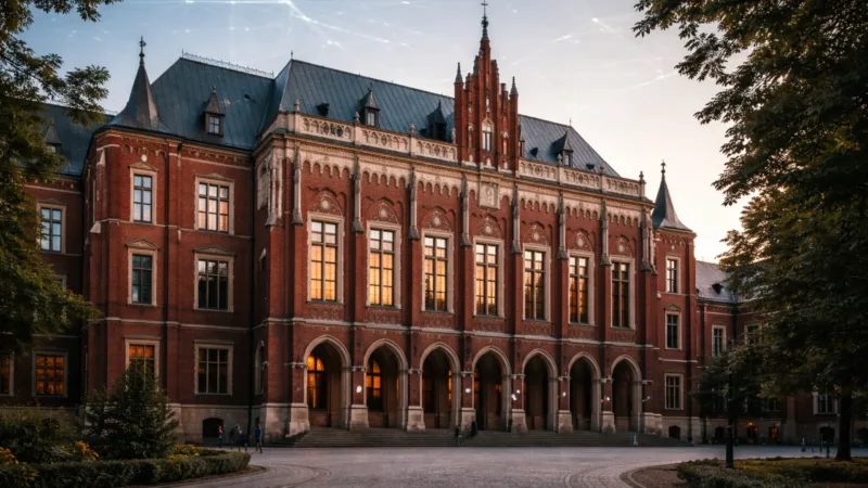 Uniwersytet Jagielloński Collegium Novum w Krakowie o zachodzie słońca z delikatną wizualizacją sieci neuronowej na niebie, symbolizującą rozwój sztucznej inteligencji na uczelniach.